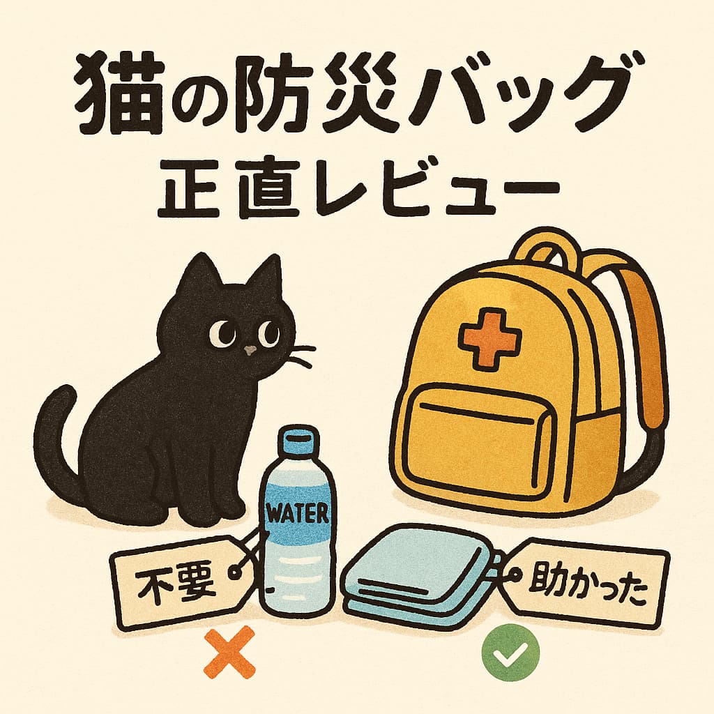 黒猫が防災リュックの前に座り、水ボトルには「不要」、折りたたみタオルには「助かった」のタグが付く――猫の防災バッグの必要・不要を示すイラストポスター。