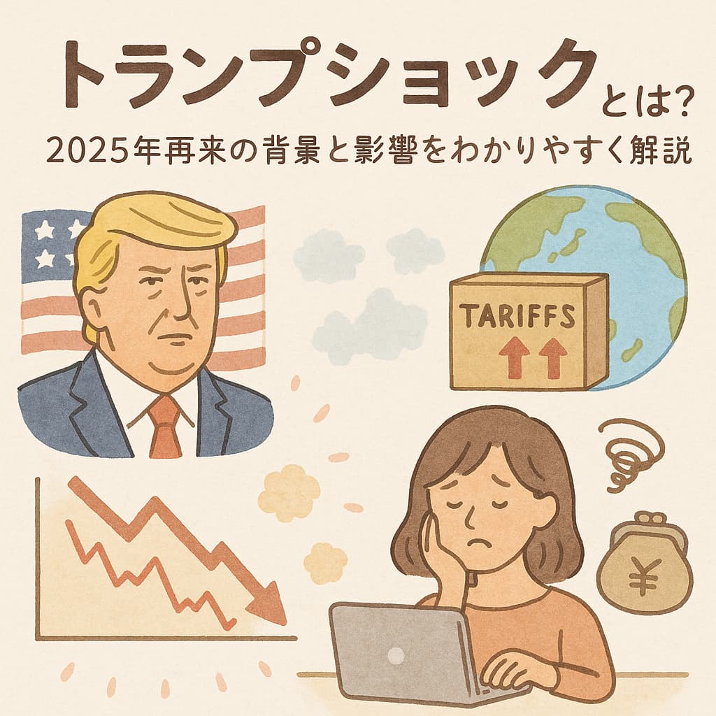 トランプショック2025をテーマにしたやさしい手描き風のイラスト。背景にはアメリカ国旗と関税・株安を表すアイコンが描かれ、混乱する世界経済のイメージを表現している。