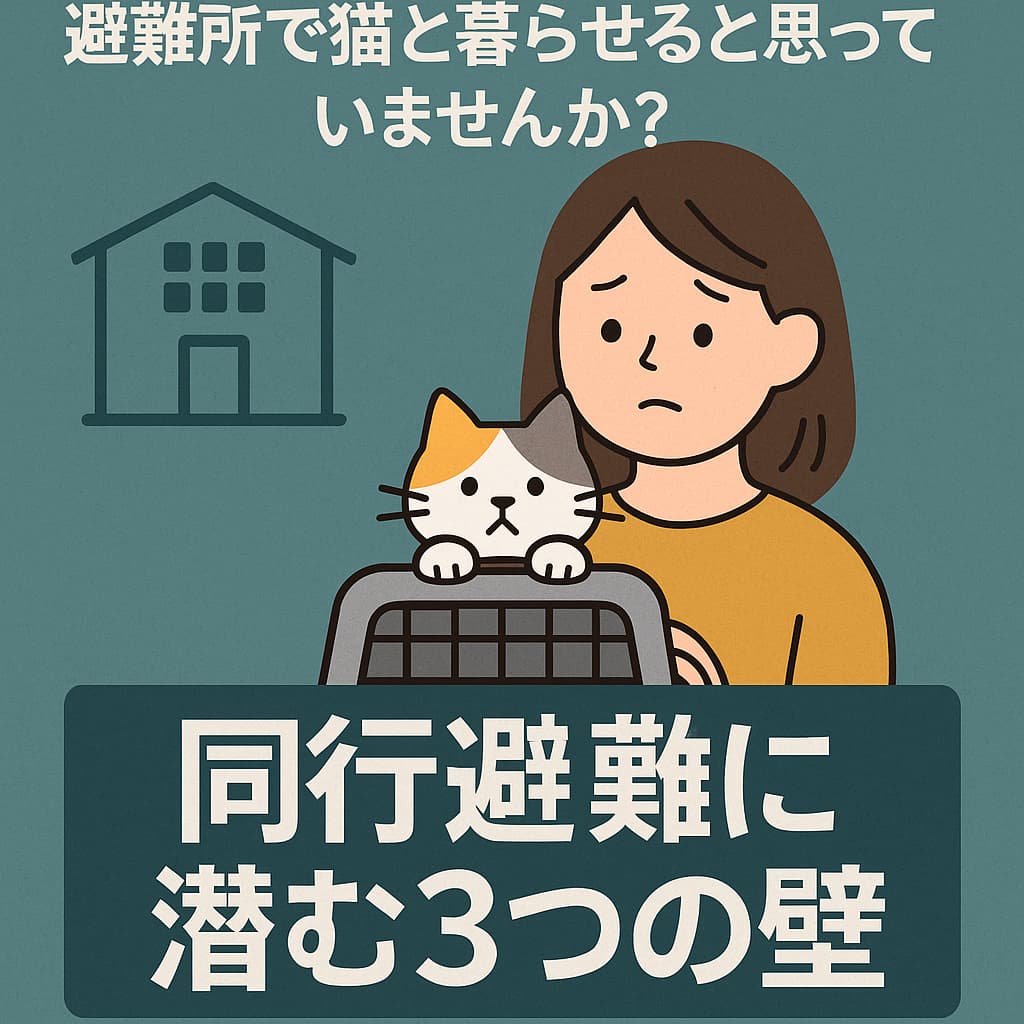 猫と避難する女性のイラスト