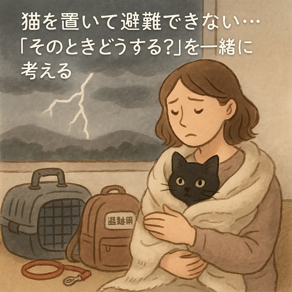 避難用バッグを手にした女性が黒猫を抱きしめている、やさしい手描き風のイラスト。災害時にペットと避難できるか悩む飼い主の不安と決意を描いた画像。