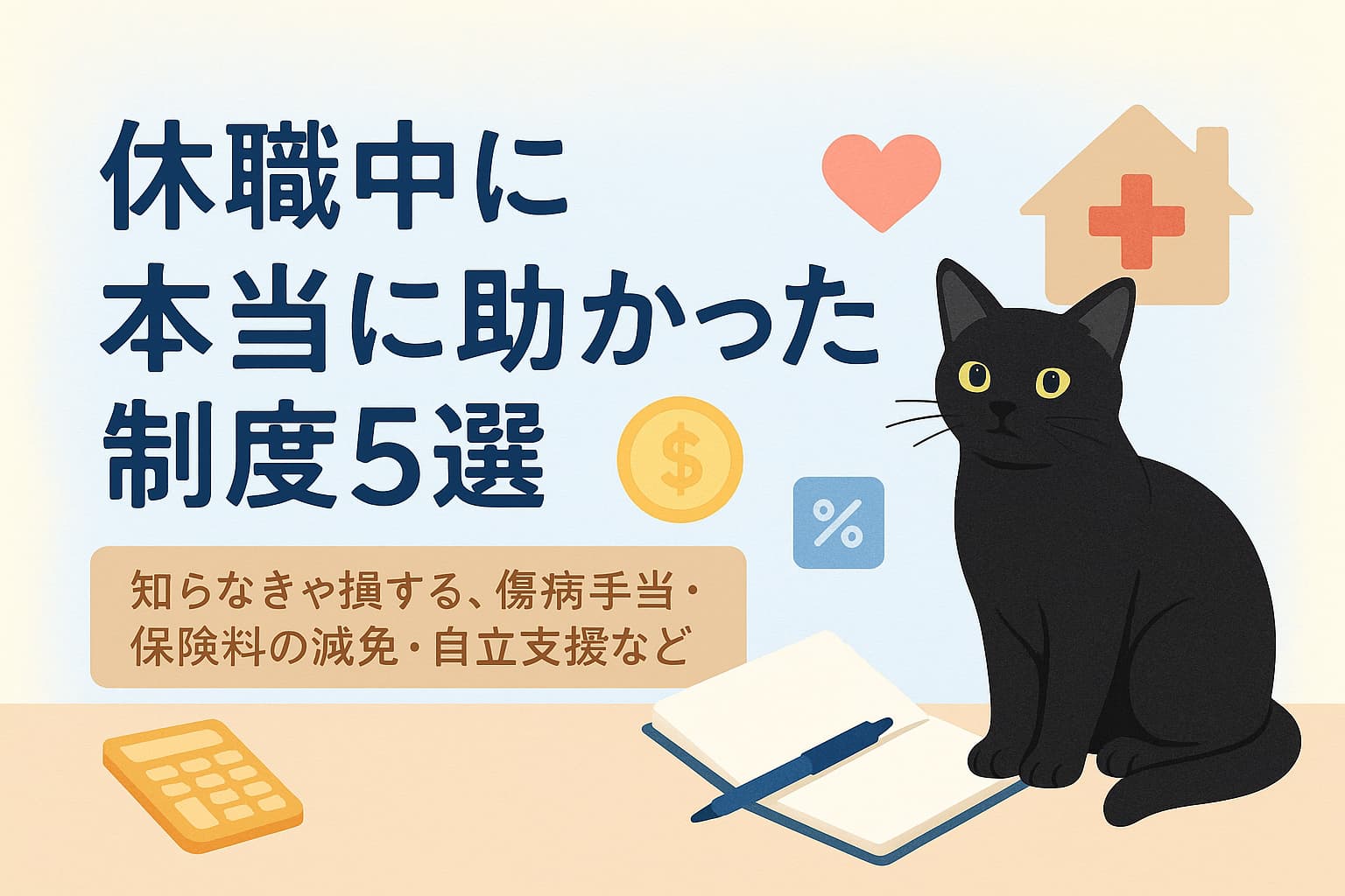休職中に本当に助かった制度5選」というタイトルと、黒猫・ノート・家・ハート・医療・お金などのイラストが描かれた優しい雰囲気のアイキャッチ画像。