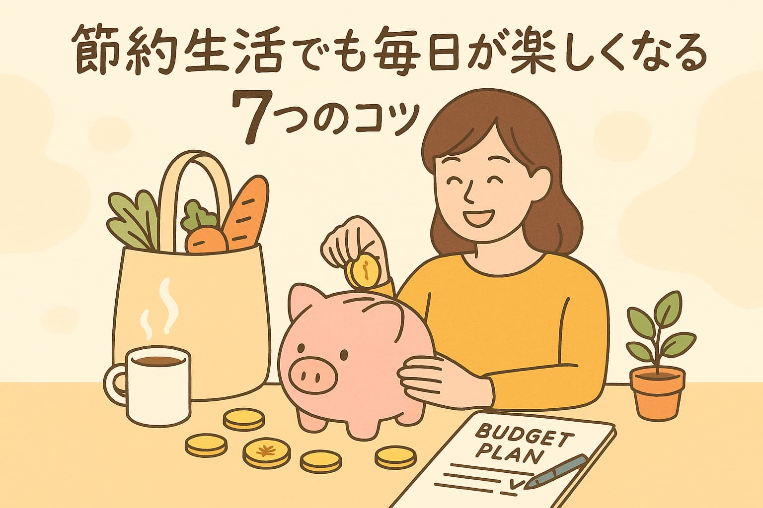 『節約生活でも毎日が楽しくなる7つのコツ』と書かれたイラスト。若い女性がピンクの貯金箱に円硬貨を入れ、隣にエコバッグの野菜やコーヒー、家計簿ノートが並ぶ温かいパステル調の画像