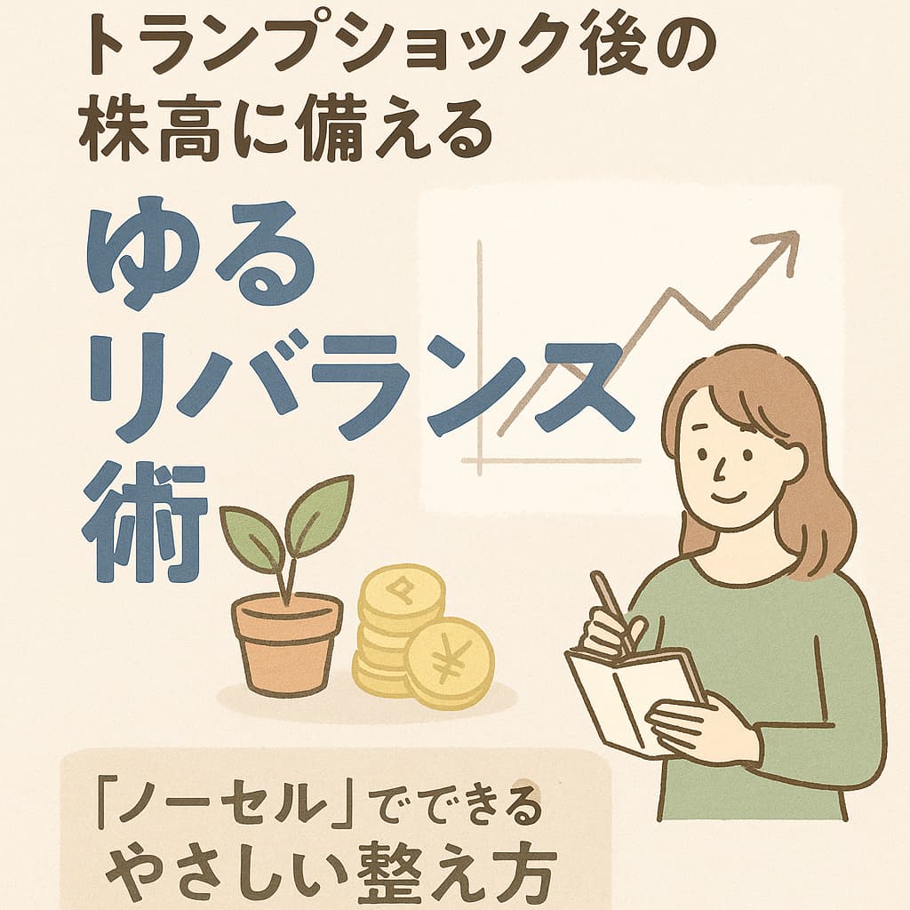 株価の変動に向き合いながら、資産配分をやさしく整える女性を描いたイラスト。2025年のトランプショック後の株高とゆるリバランスをテーマにした画像