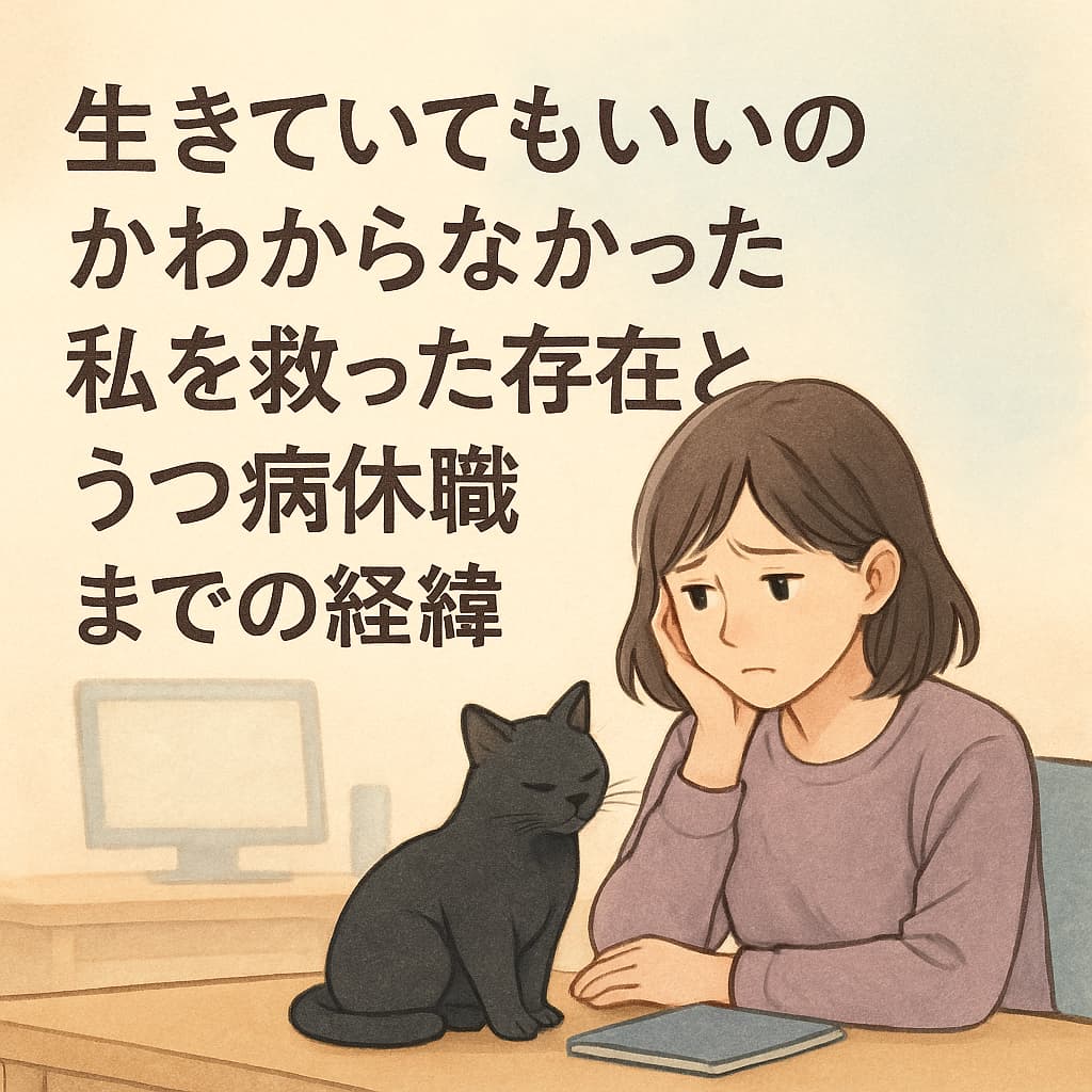 落ち込んだ表情でデスクに座る女性と寄り添う黒猫を描いたパステル調イラスト。左側に「生きていてもいいのかわからなかった 私を救った存在とうつ病休職までの経緯」という大きなタイトル文字が配置され、うつ病で休職した体験談記事の内容を示すアイキャッチ画像。