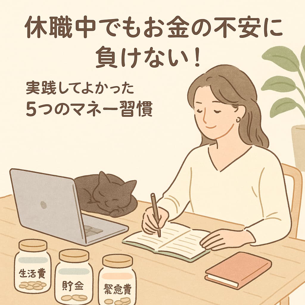 ノートパソコンと手帳で家計管理をする女性と、そばで眠る猫のイラスト。3つの貯金瓶（生活費・貯金・緊急費）が並ぶ、休職中のマネー習慣をテーマにしたやさしい雰囲気の画像