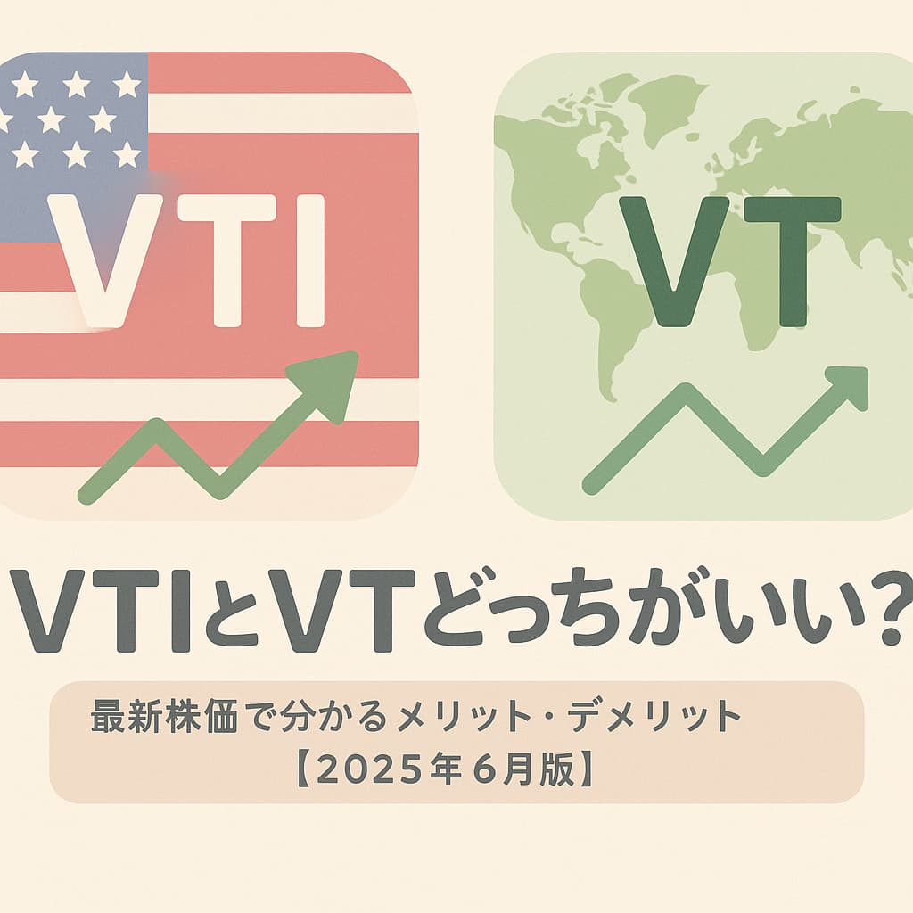 VTI と VT を米国旗と世界地図で対比したイラスト。上昇矢印とともに『VTIとVTどっちがいい？ 最新株価で分かるメリット・デメリット【2025年6月版】』と書かれたアイキャッチ画像