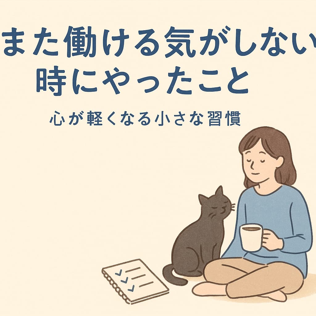 『また働ける気がしない時にやったこと』のタイトル入りアイキャッチ。コーヒーを片手に黒猫と座り、小さな習慣のチェックリストを前に心を落ち着かせる女性を描いた、やわらかな手描き風イラスト