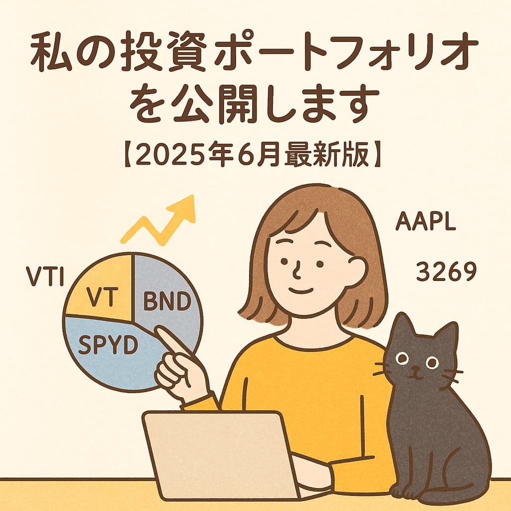 積み立て投資や配当金をテーマにした、グラフとコインが描かれたやわらかい手描き風のイラスト。2025年6月の投資ポートフォリオ公開記事のアイキャッチ画像。