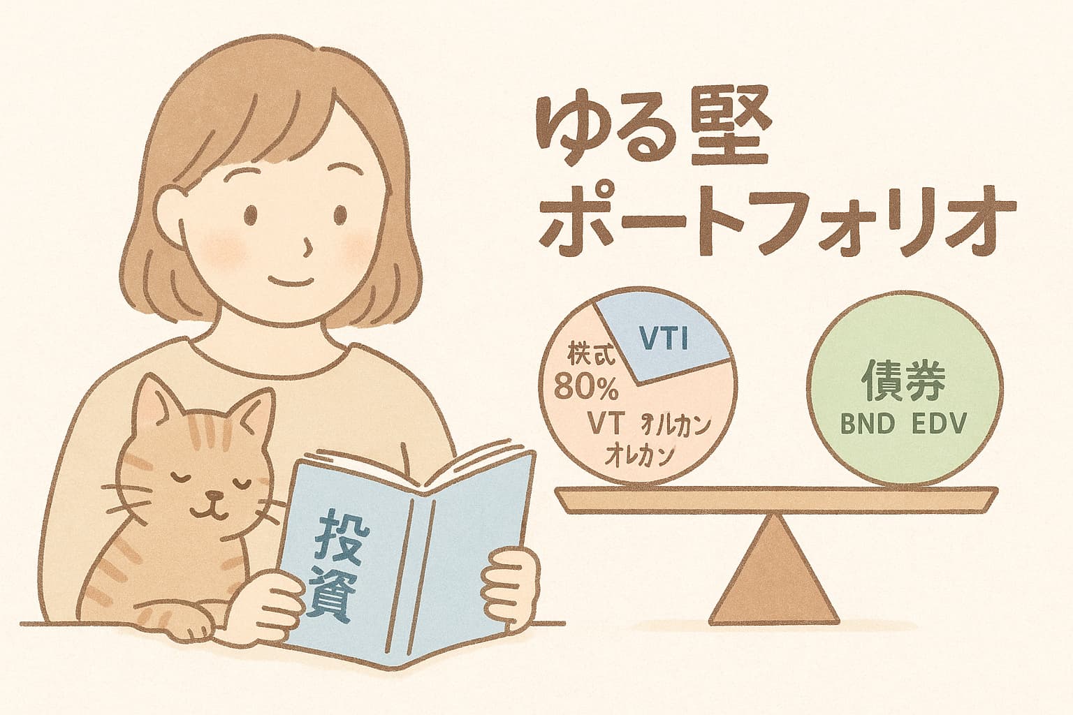 投資本を読む女性とそばで眠る猫のやさしいイラスト。図には“株式80％（VTI・VT・オルカン）”と“債券（BND・EDV）”のバランスを示すポートフォリオ図が描かれており、“ゆる堅ポートフォリオ”というタイトルも添えられている。