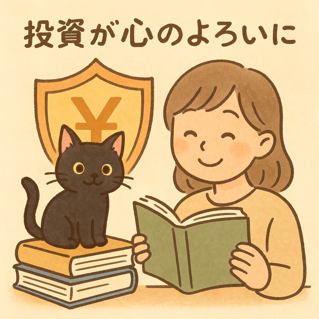 黒猫まめちゃんが本の上に座り、読書する女性の後ろに円マーク入りの盾が描かれた柔らかな手描きイラスト。「投資が心のよろいに」という日本語キャッチが温かい雰囲気で添えられている。