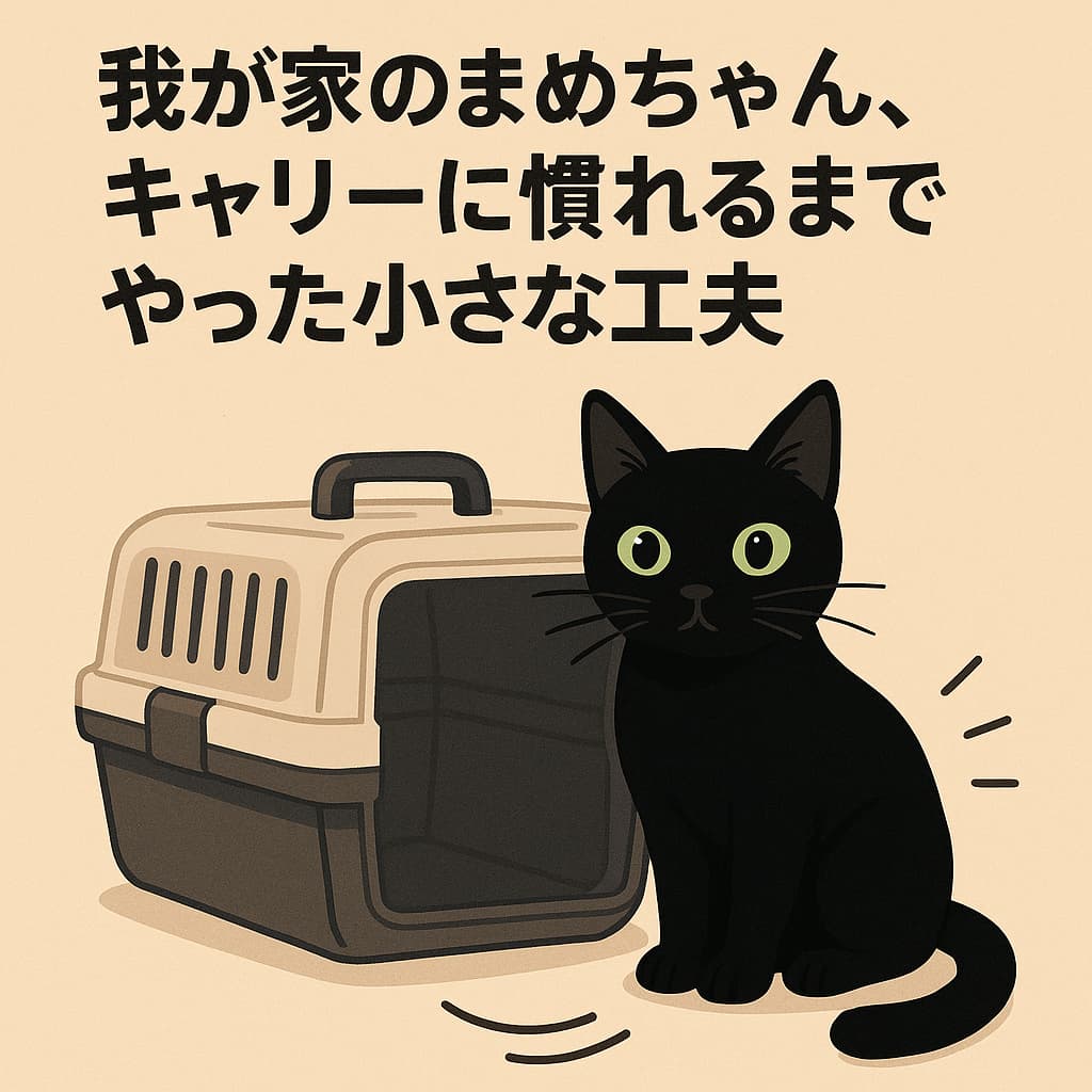 黒猫とキャリーのイラスト｜キャリー慣れ工夫