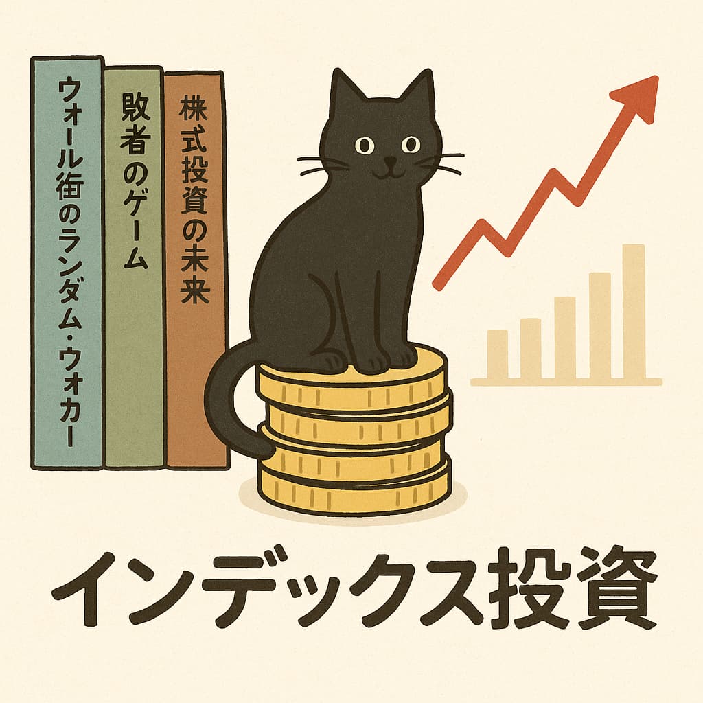 投資関連の和書が並ぶ棚、金貨の上に座る黒猫、右に上向きグラフ。下部に『インデックス投資』と正しい漢字で描かれた手描きイラスト。