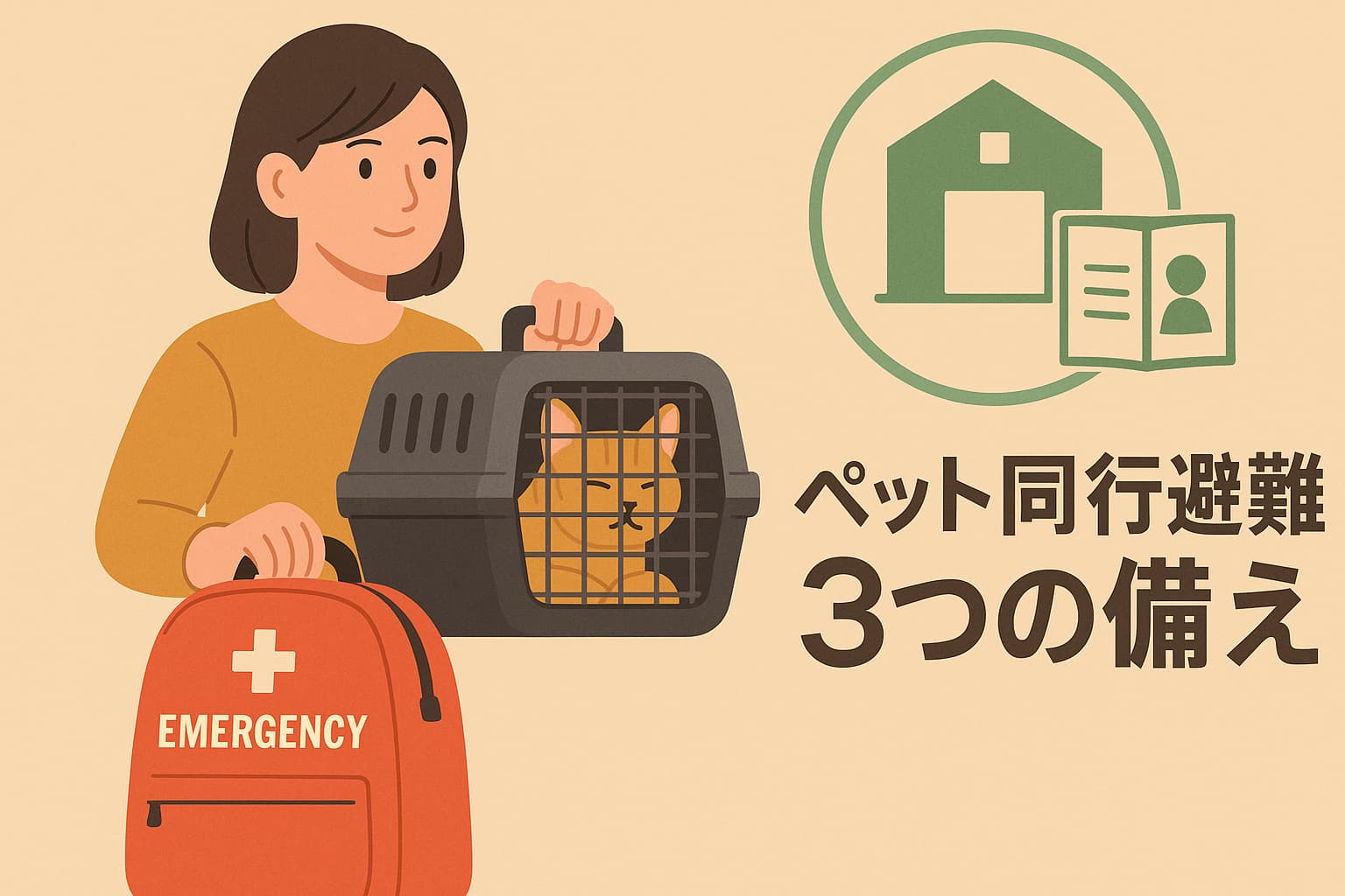 キャリーに入った猫と非常用リュックを持つ女性、避難所アイコンと「ペット同行避難3つの備え」の文字を配したイラスト