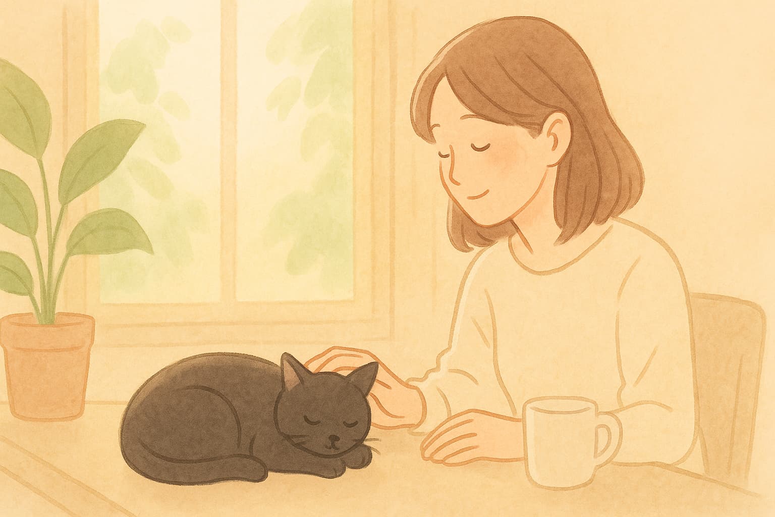 窓辺のテーブルで丸くなって眠る黒猫と、その背をやさしく撫でる女性。淡いパステル調で描かれた、穏やかな室内のワンシーン。