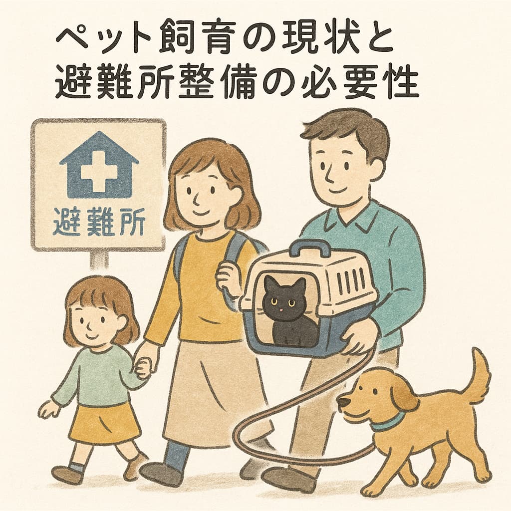 避難所マークを背景に、父がキャリーを抱えた黒猫、母と娘が手をつなぎ、リードにつながれた犬が歩くパステル調イラスト。『ペット飼育の現状と避難所整備の必要性』の文字入り。