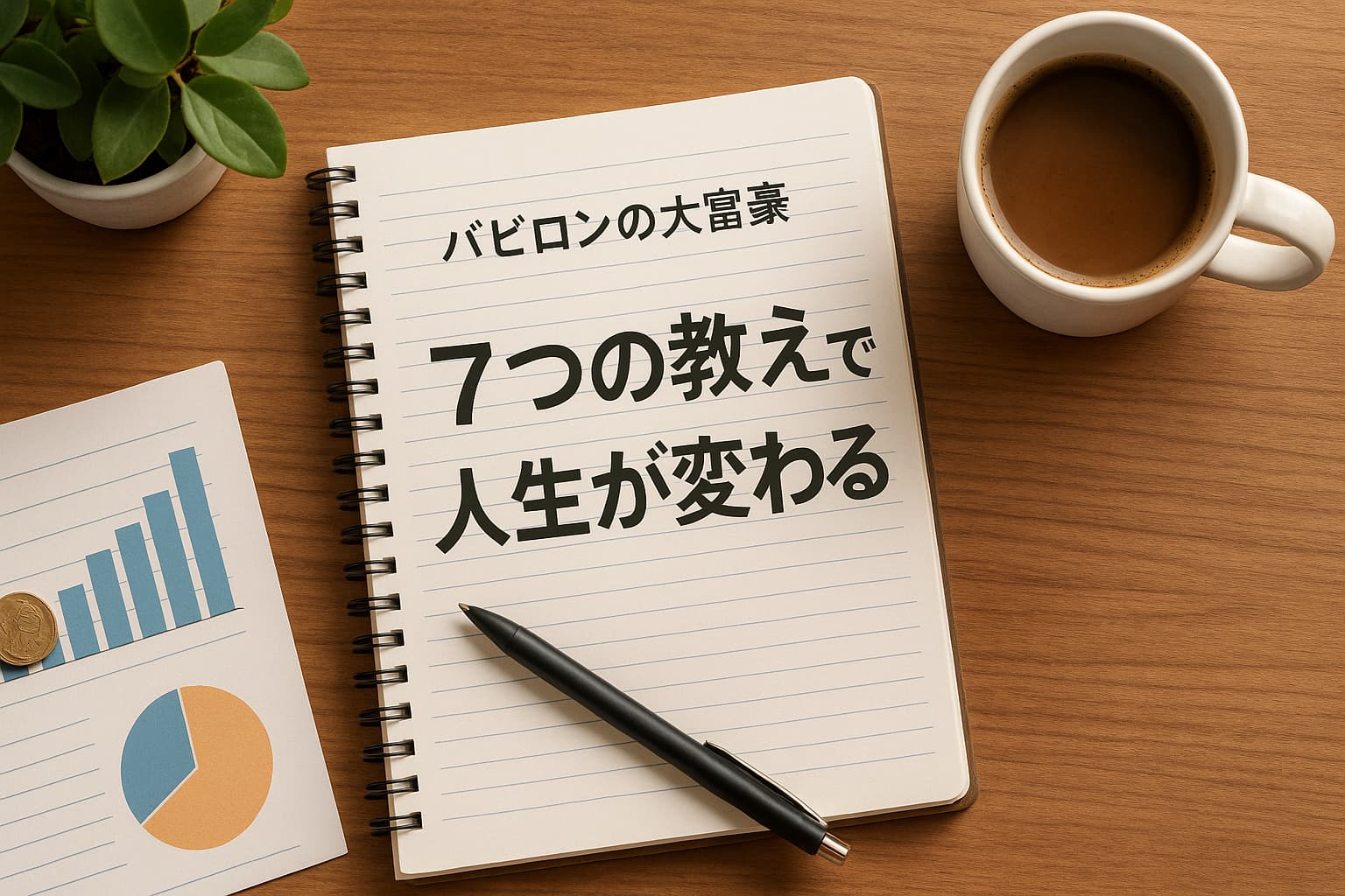 ノートに「バビロンの大富豪 7つの教えで人生が変わる」と書かれた画像。コーヒー、観葉植物、グラフ資料が並ぶ整ったデスク上の風景。