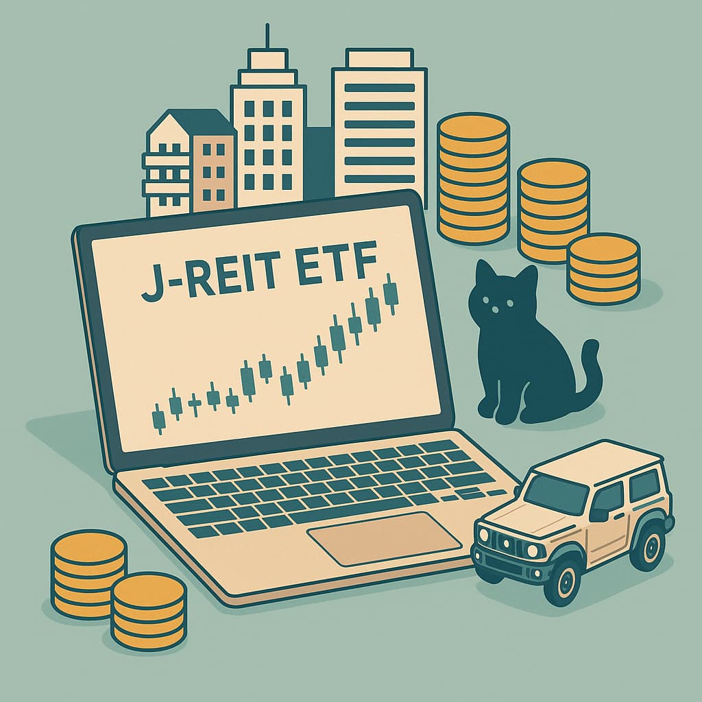 J‑REIT ETFのチャートを表示したノートパソコンと都心ビル群、積み重なったコイン、黒猫のフィギュア、ジムニーのミニカーを描いたフラットスタイルのイラスト