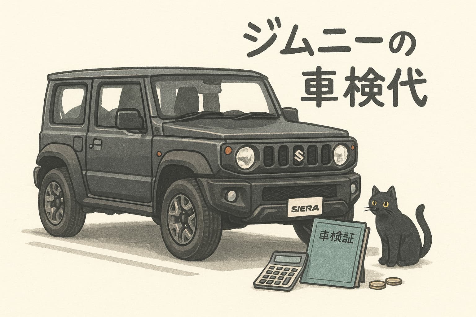 黒色のジムニーシエラが横向きに停まり、車の前に車検証ファイルと電卓が置かれ、横に黒猫が覗き込んでいる雑誌風イラスト。「ジムニーの車検代」の文字入り。