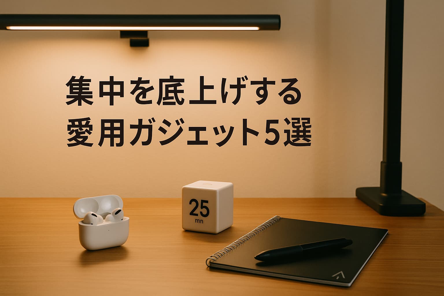 木目デスクにAirPods Pro、25分タイマー、Rocketbook、モニターライトを並べた集中作業セット