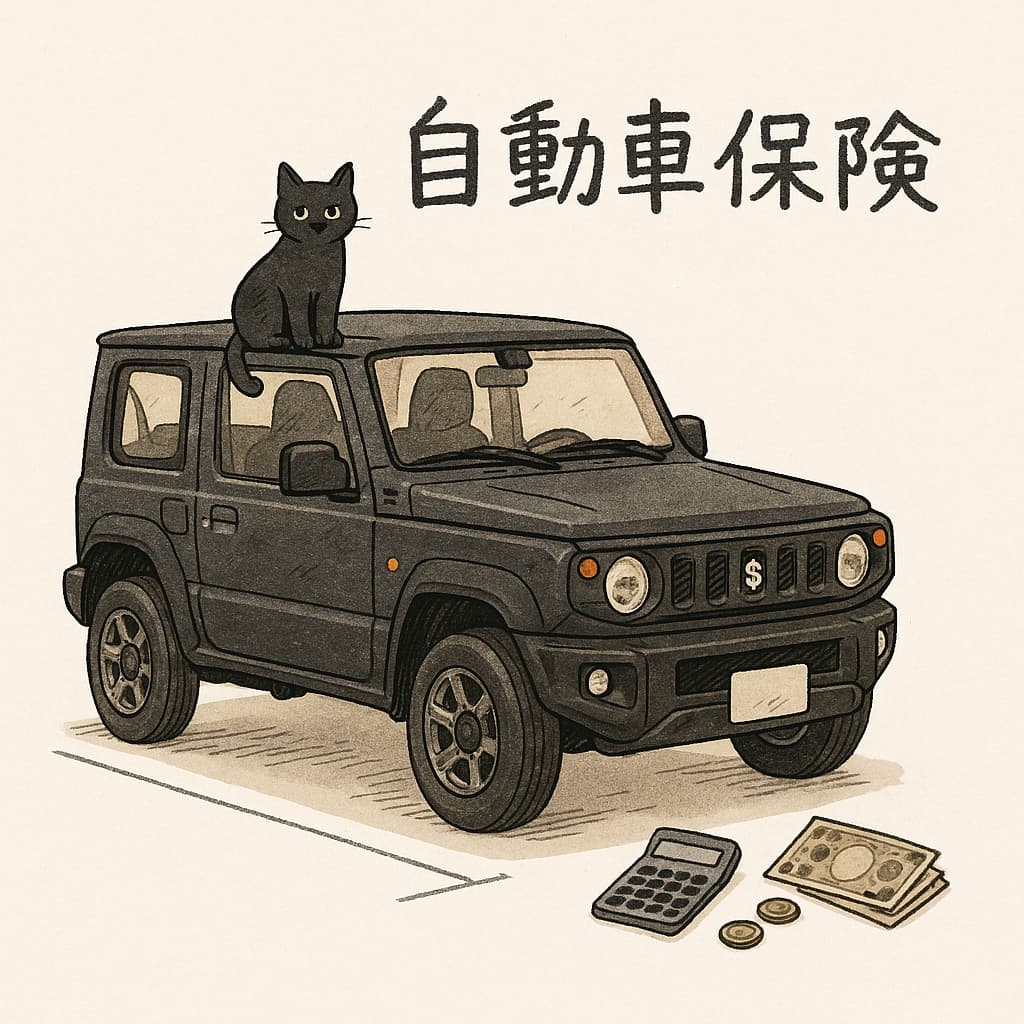 黒色のジムニーが横向きに止まり、ボンネットの上に黒猫が座っている。横に電卓とお札が置かれた、白背景の落ち着いた雑誌風イラスト。『自動車保険』の日本語文字入り。