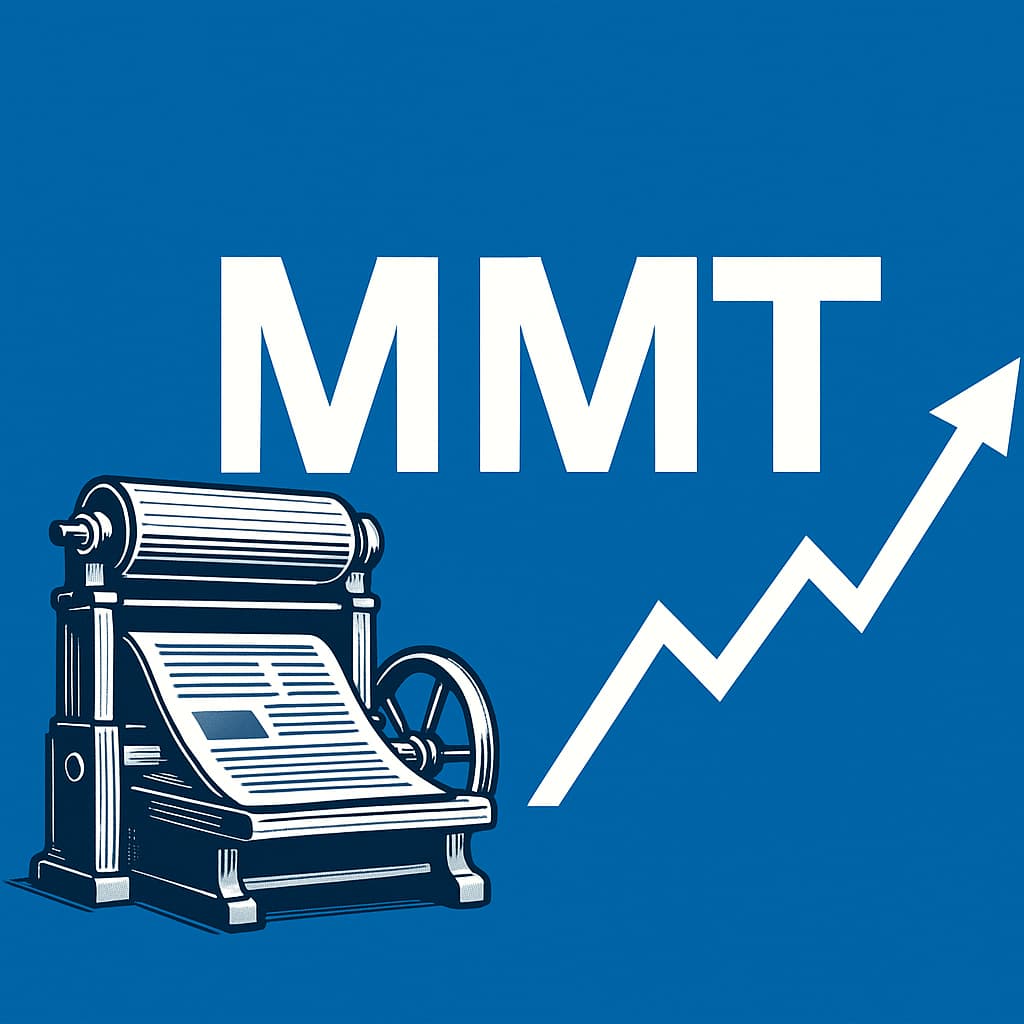 MMTと書かれた青い背景に、印刷機と株価の上昇を示す矢印のイラスト