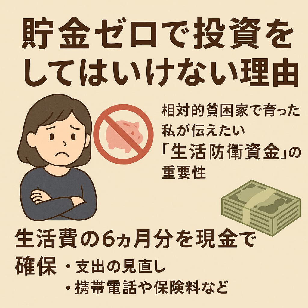 貯金ゼロで投資をしてはいけない理由を伝える日本語インフォグラフィック。心配そうな女性のイラストと、生活防衛資金の重要性（生活費6ヶ月分の確保、支出の見直し）が解説されている。