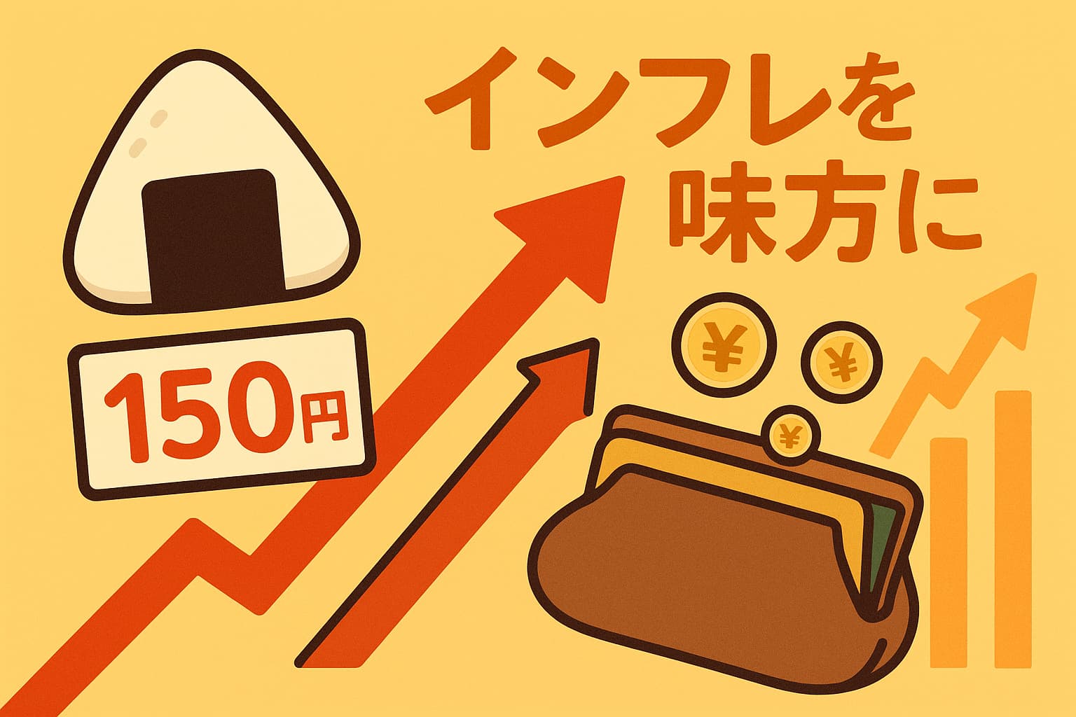 黄色の背景に、150円の値札が付いたおにぎり、上昇する赤い矢印、コインがこぼれる財布、「インフレを味方に」の文字を描いたフラットデザインのイラスト