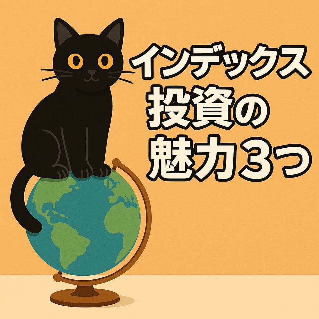 黒猫が地球儀の上に座り「インデックス投資の魅力3つ」と書かれたブログ用アイキャッチ画像。投資初心者向けにわかりやすく解説。