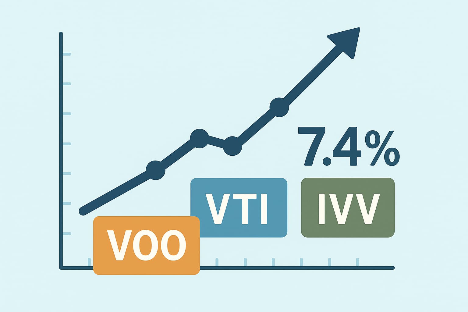 VOO・VTI・IVV の5年配当リターン比較グラフ、VOOは年平均+7.4%増配