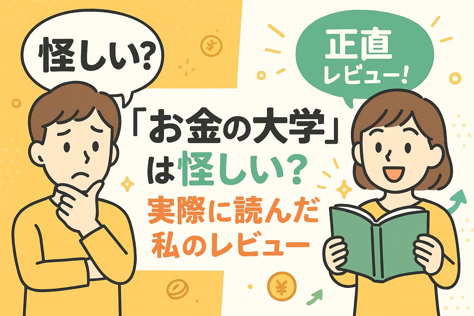 イラスト風のアイキャッチ画像。左に困った顔で『怪しい？』と考える人、右に安心した表情の人と『正直レビュー』の文字。『お金の大学』のレビュー記事用デザイン